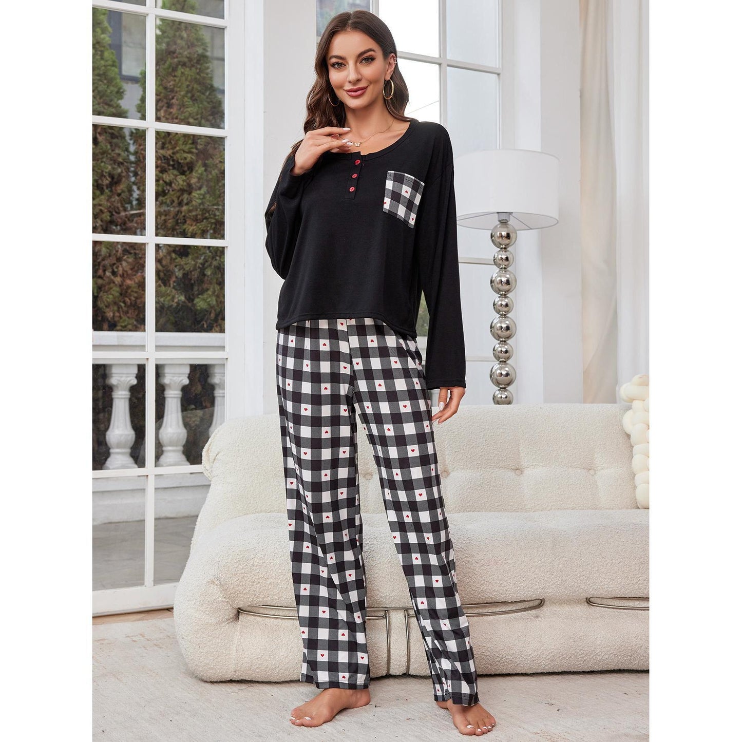 Pajamas Spring Autumn Plaid Long Sleeve Cardigan Homewear Two Piece Set