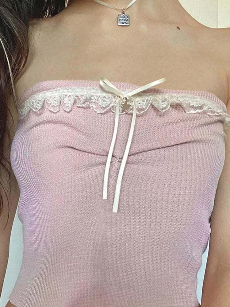Sweet Off Shoulder Crop Top Kawaii Strapless Pink Tube Tops Bow Stitched Sleeveless Vest Y2k Summer