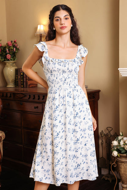 Smocked Elastic Ruffle Hem Midi Dress