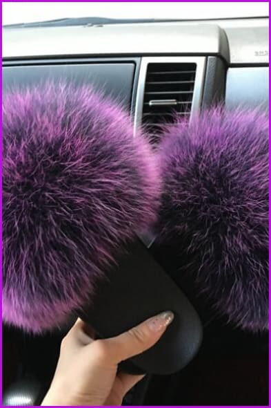 Black Mixed Purple Fox Full-pelt Fur Sliders Df020