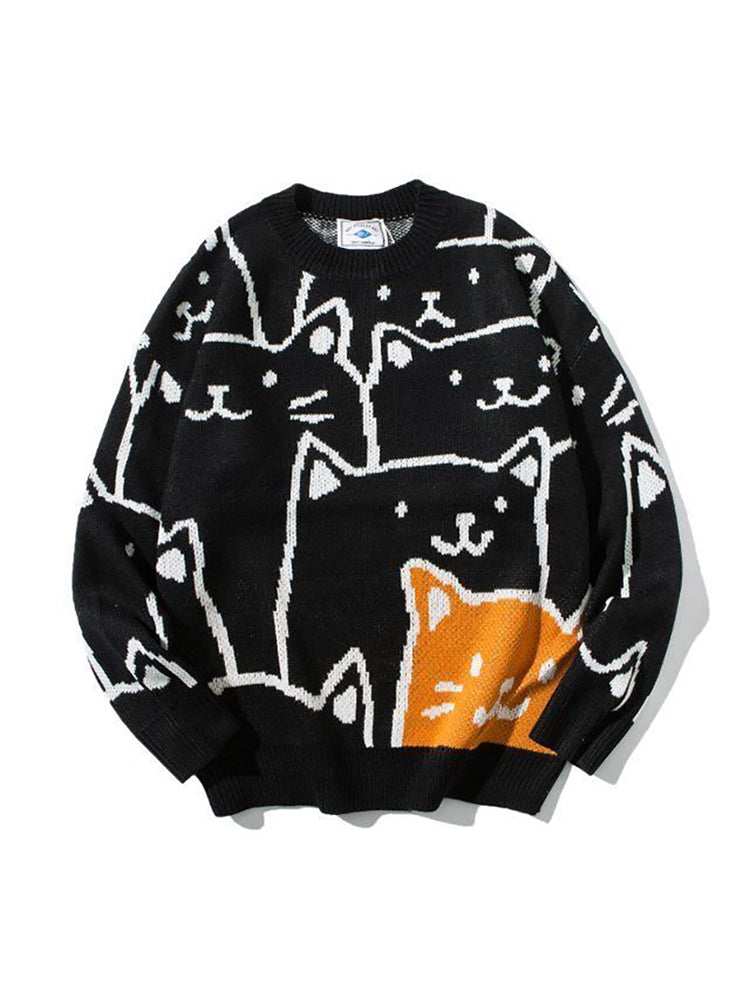 Cute Cat Pattern Loose Fit Cozy Sweater elevenforest
