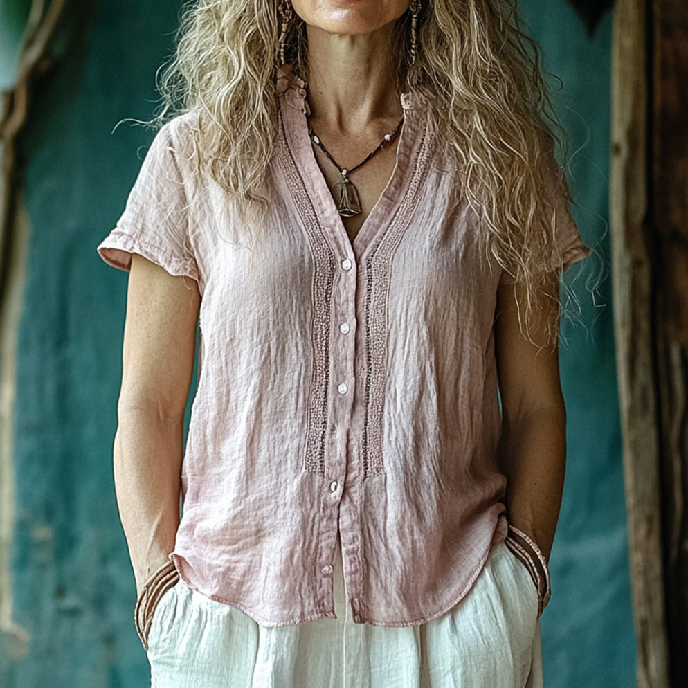 Women's Bohemian Plainr Linen Casual Short-sleeved Shirt elevenforest