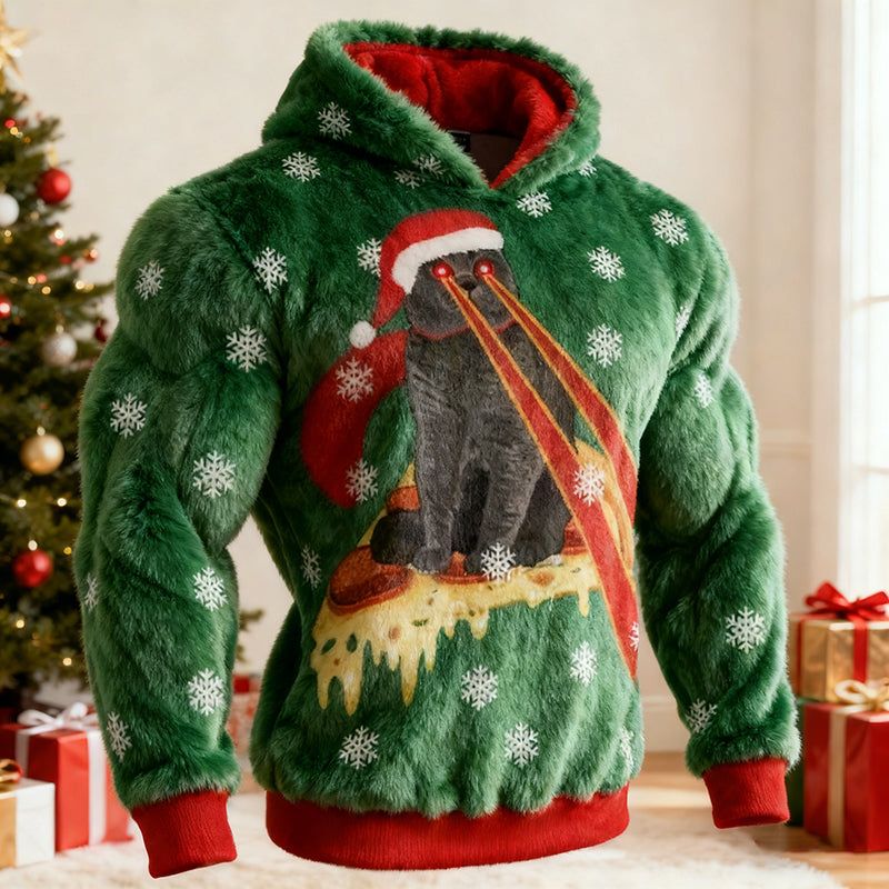 Comstylish Men's Fun Laser-eye Cat Pattern Hooded Ugly Sweater