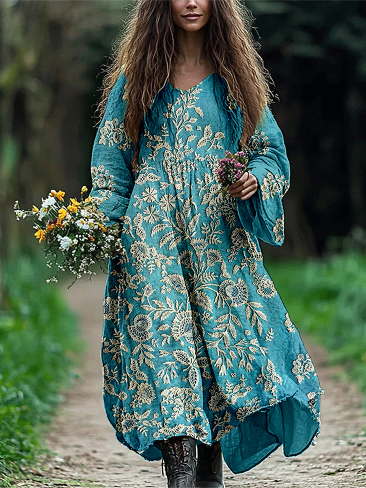 Vintage Floral Embroidered Lace Linen Blend Maxi Dress elevenforest