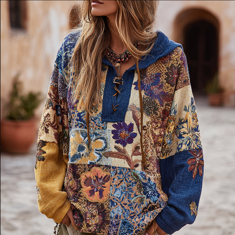Bohemian Style Three-dimensional Flower Embroidery Bright Yellow Patchwork Vintage Hooded Long-sleeved Sweater elevenforest
