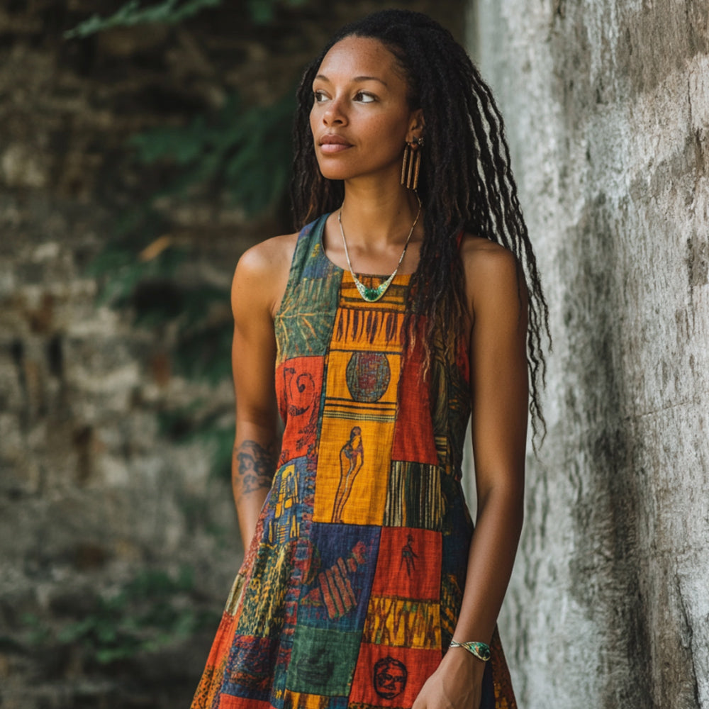 Vintage Tribal Print Women's Linen Vest Dress elevenforest