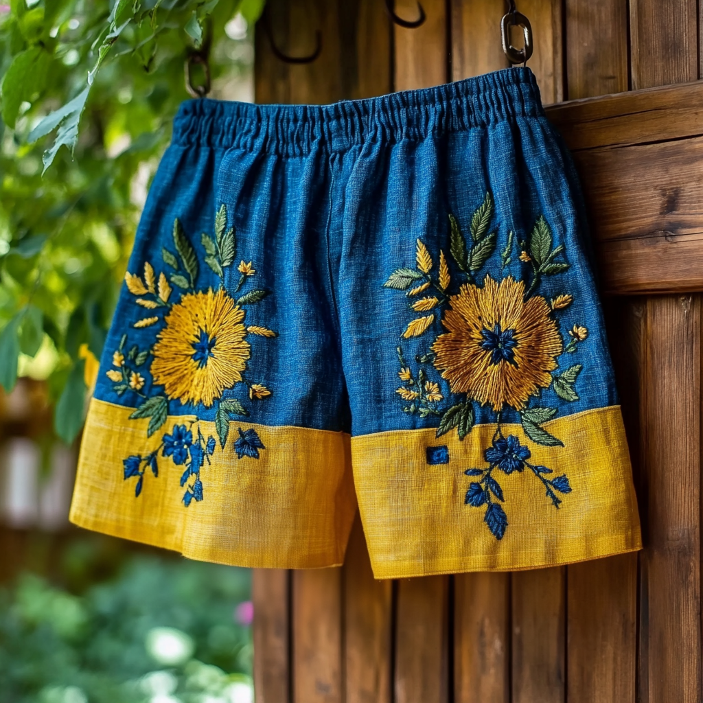 Vintage Sunflower Floral Embroidery Casual Linen Shorts elevenforest