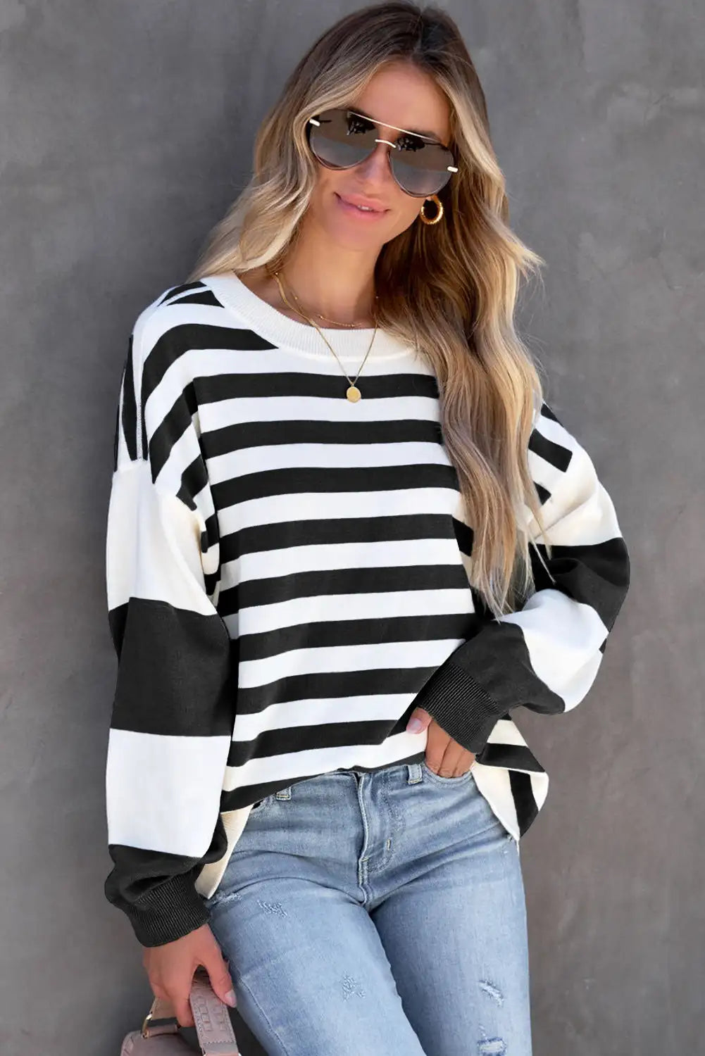 Striped Drop Shoulder Sweatshirt in Black