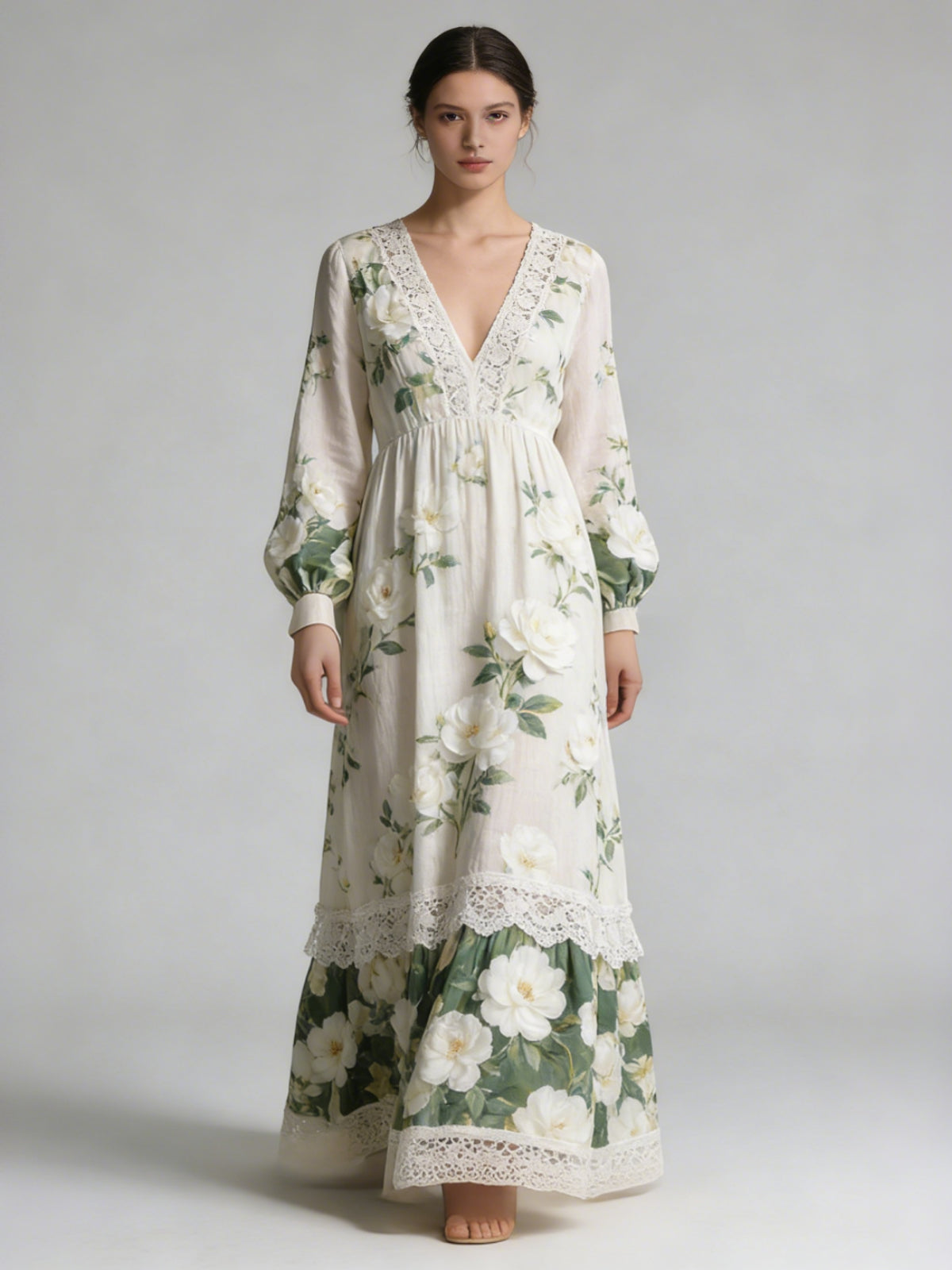 Vintage Boho Print V Neck Long Sleeve Flowy Maxi Dress elevenforest