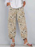 Vintage Japanese Cranes and Flowers Art Cropped Casual Pants elevenforest