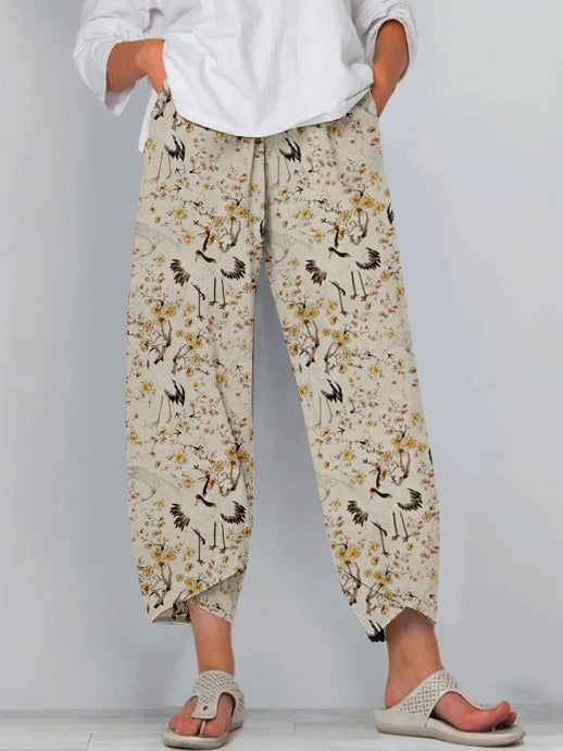 Vintage Japanese Cranes and Flowers Art Cropped Casual Pants elevenforest