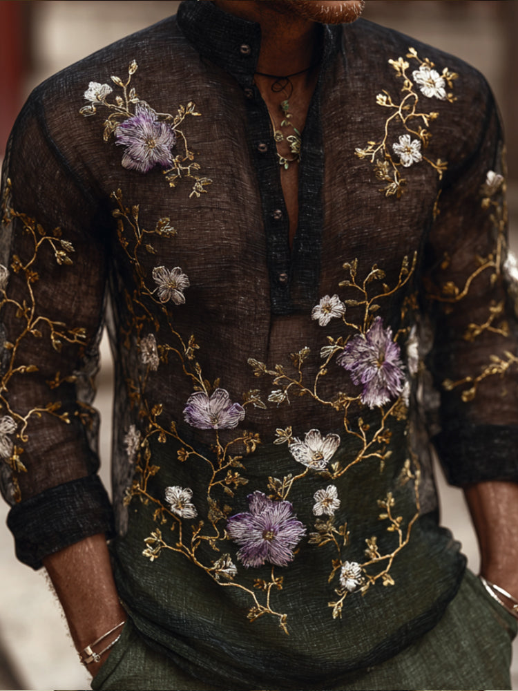 Men's Purple Embroidered Flower Casual Long-sleeved Shirt elevenforest