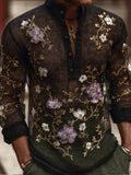 Men's Purple Embroidered Flower Casual Long-sleeved Shirt elevenforest