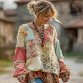 Women's Retro Floral Pattern Comfortable Warm Crew Neck Sweatshirt elevenforest