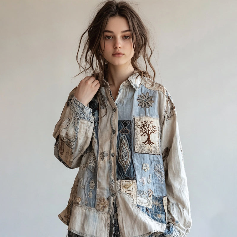 Vintage Floral Patch Art Cotton Linen Comfy Shirt elevenforest