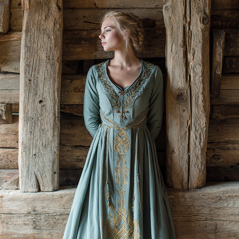 Women's Viking Celtic Knot Art Pattern Cotton And Linen V-neck Dress elevenforest