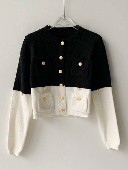 Long Sleeves Buttoned Contrast Color Round-neck Cardigan Tops