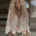 Vintage Boho Roses Embroidered Art V Neck Linen Tunic elevenforest