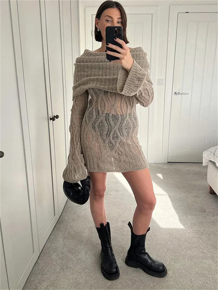 Tossy Knitwear Sweater Mini Dress See-through for High Waist Long Sleeve Loose Knit Dress Slim Dress