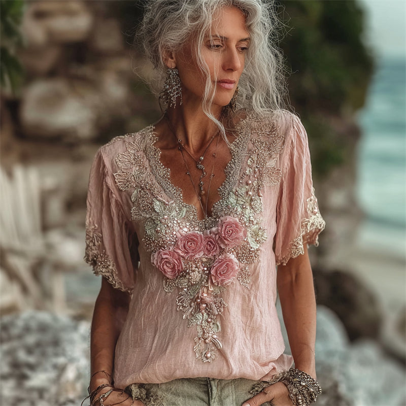 Vintage Pink Roses Glitter Lace Trim Flowy Linen Tunic elevenforest
