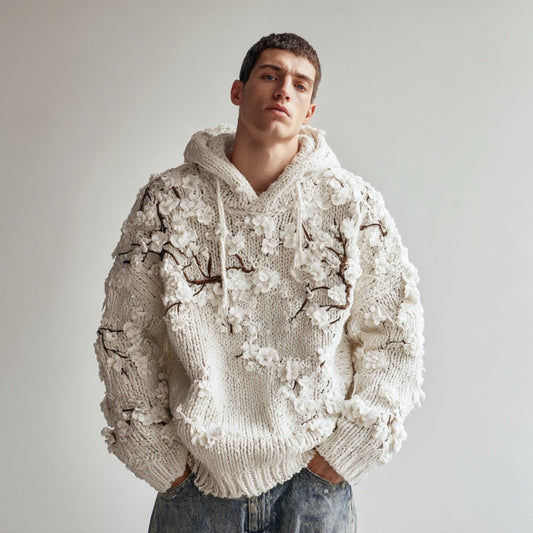 Men's Japanese White Almond Blossom Warm Hooded Sweater artswardrobe