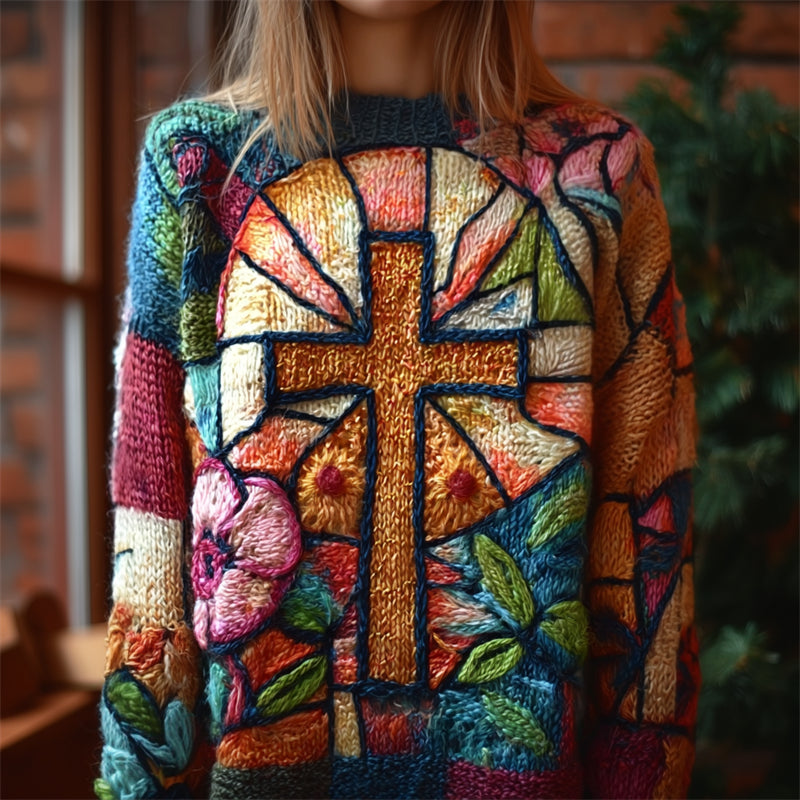 Comstylish Christian Divine Cross Floral Colorblock Cozy Knit Sweater