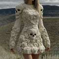 Women's Halloween Skull With Rose Pattern Art Cozy Knit Sweater Dress elevenforest