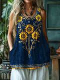Boho Sunflowers Beaded Embroidered Linen Tank Top elevenforest