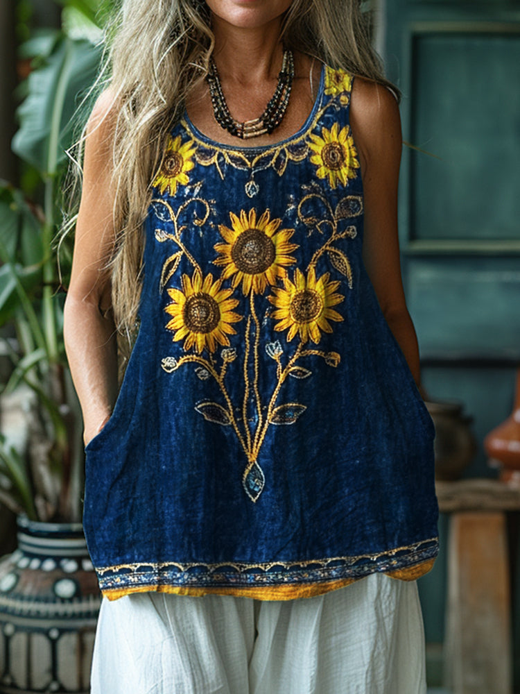 Boho Sunflowers Beaded Embroidered Linen Tank Top elevenforest