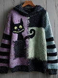 Comstylish Halloween Pocket Black Cat Patchwork Color Hooded Sweater