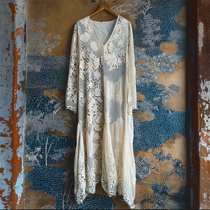 Japanese Floral Art Hollow Lace Flowy Linen Maxi Dress elevenforest