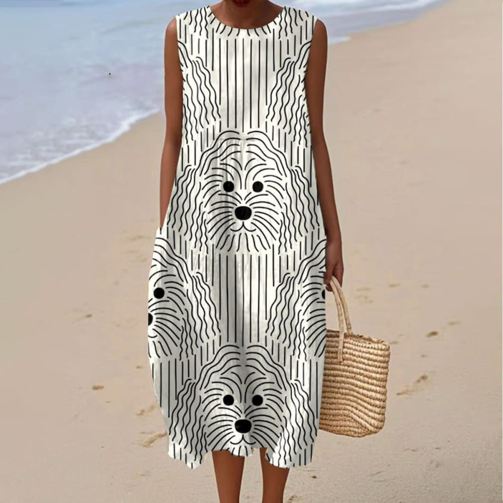 Women's Retro Line Dog Art Print Sleeveless Dress elevenforest