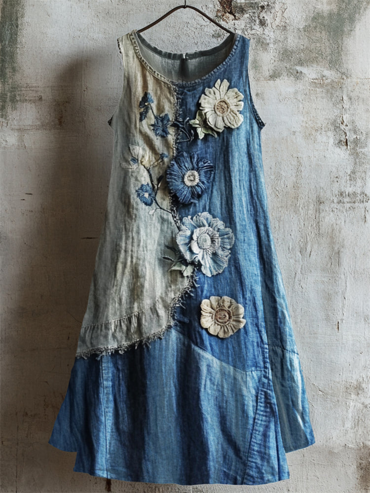 Flowers Denim Textile Inspired Print Linen Tank Dress elevenforest