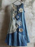 Flowers Denim Textile Inspired Print Linen Tank Dress elevenforest