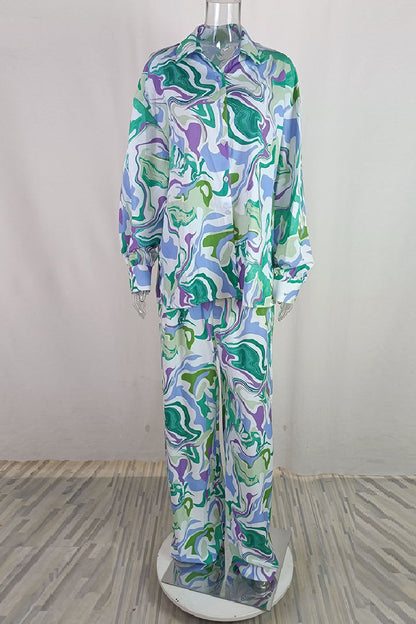Print Cardigan Pants Turndown Collar Long Sleeve Two Pieces