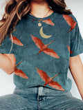 Japanese Flying Birds and Moon Art Vintage Washed T Shirt elevenforest