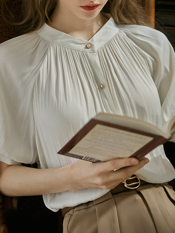 Loose Puff Sleeves Buttoned Pleated Round-neck Blouses&shirts Tops