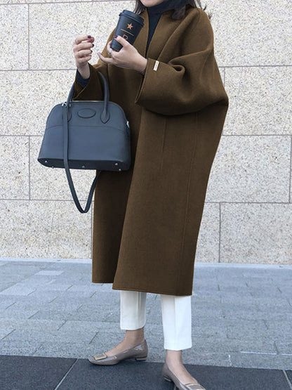 Long Sleeves Loose Color Collarless Woolen Coat