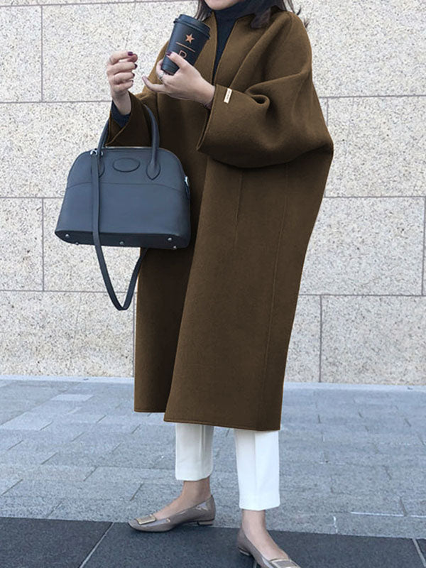 Long Sleeves Loose Color Collarless Woolen Coat