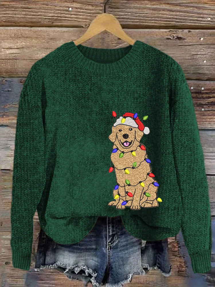 Comstylish Women's Christmas Golden Retriever Embroidery Print Sweater