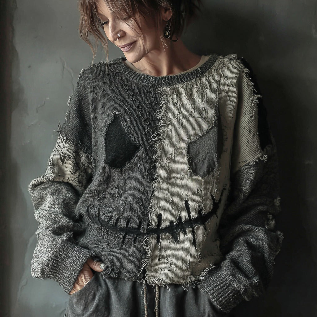 Halloween Spooky Face Sewn Knitted Crew Neck Sweater elevenforest