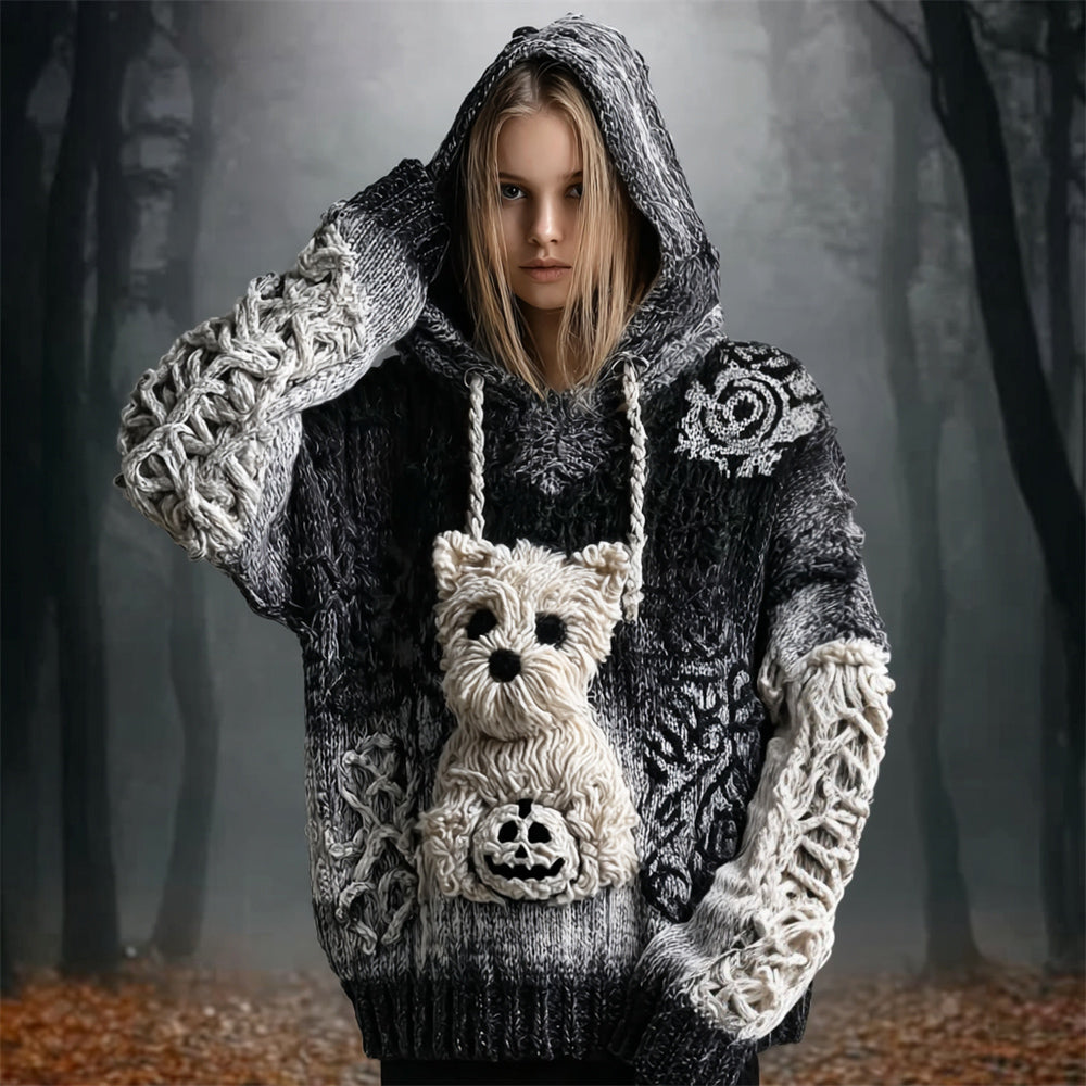Comstylish Halloween Cairn Terrier Dog & Pumpkin Women's Hooded Sweater