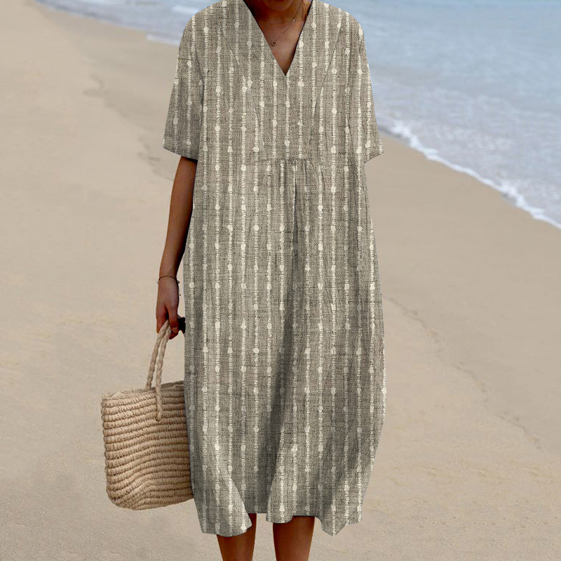 Women Vintage Stripes Casual V Neck Midi Dress elevenforest