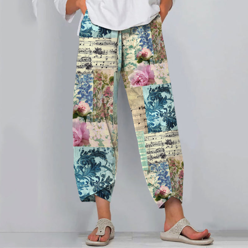 Vintage Floral Print Linen Blend Pants elevenforest