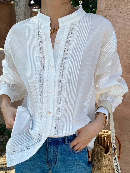 Long Sleeves Loose Buttoned Pleated Color Split-joint Stand Collar Blouses&shirts Tops