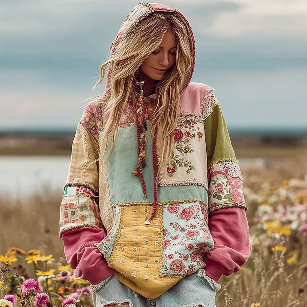 Vintage Floral Patchwork Art Comfortable Warm Hoodie elevenforest