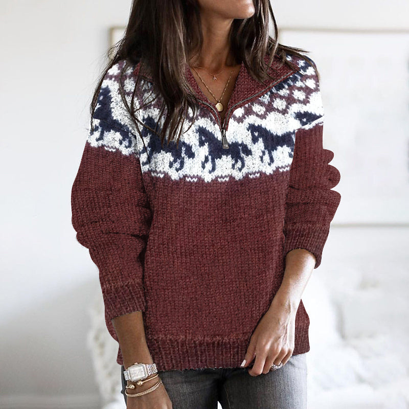 Vintage Horse Pattern Jacquard Stand Collar Zip Sweater elevenforest