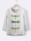 Women's Casual Watercolor Dragonfly Tree Cotton Blend Print T-shirt