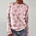 Cute Pink Cat Pattern Comfortable Women's Crew Neck Sweater elevenforest