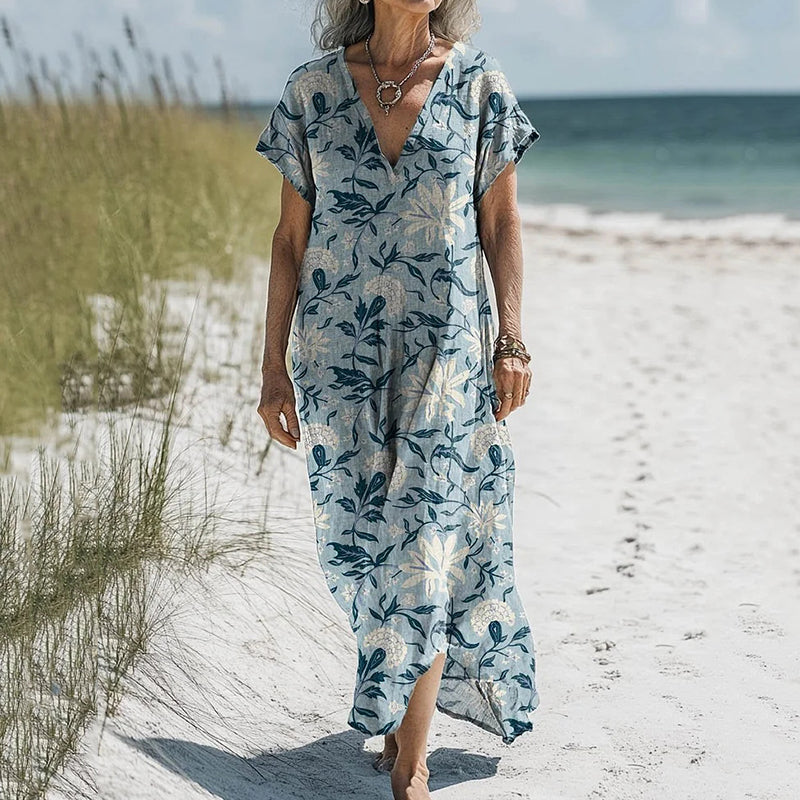 Comstylish Women's Vintage Floral Art Print V Neck Casual Midi Dress